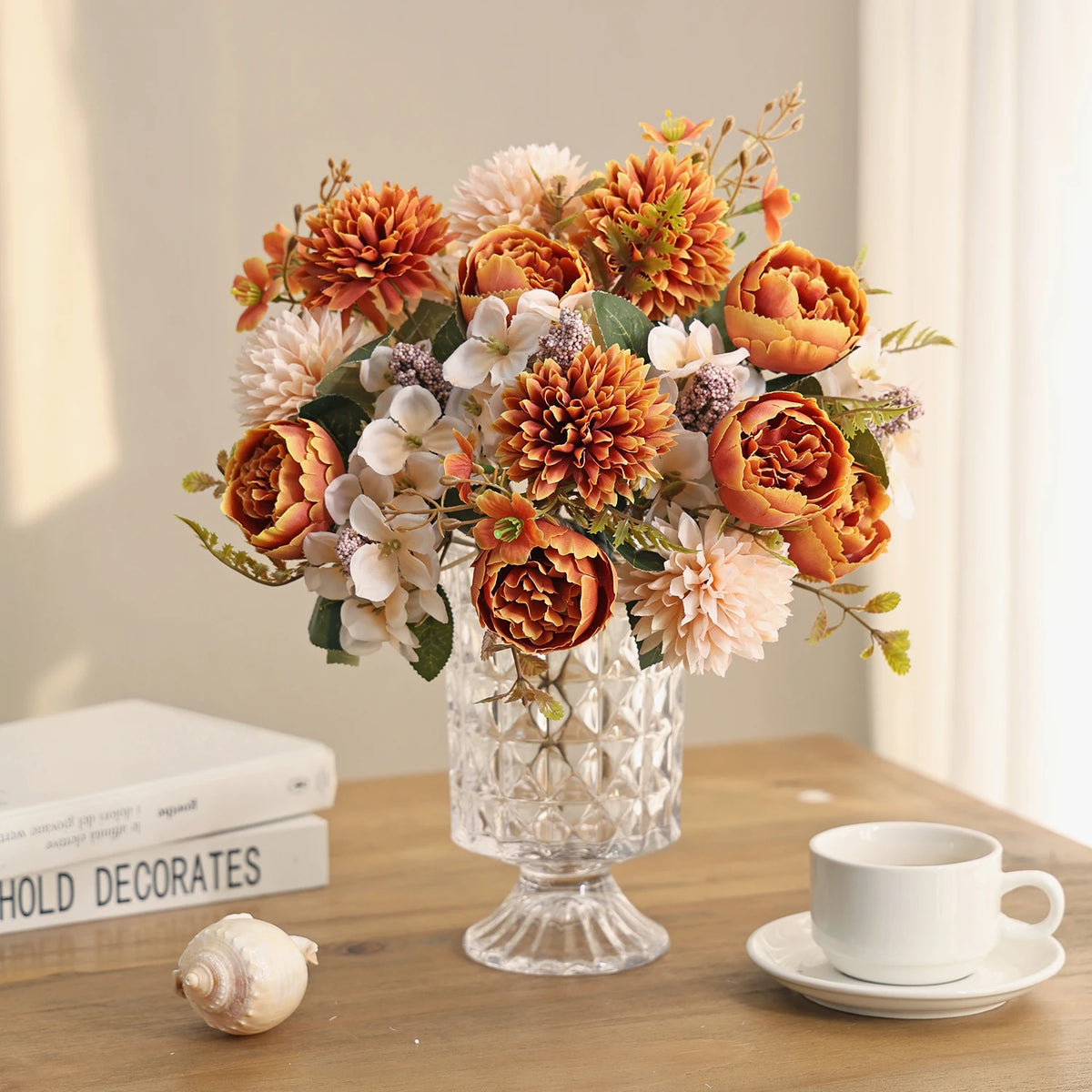 bouquet artificiel fleurs soie orange blanc rose beige rouge vase feuilles vertes decoration maison