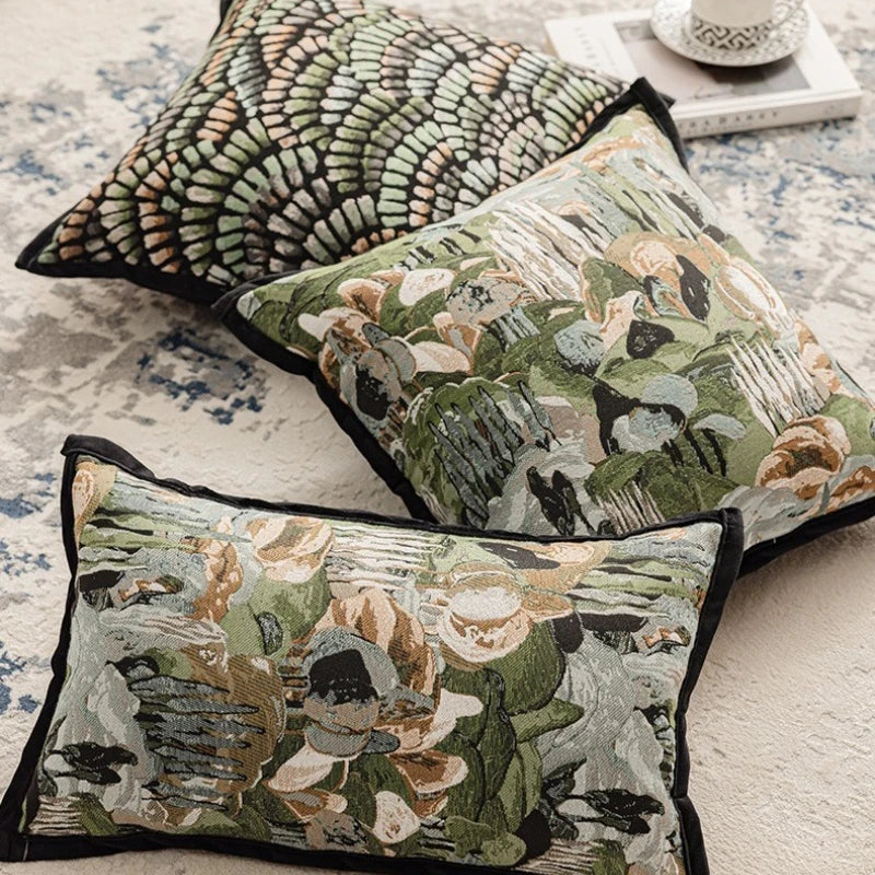 housse coussin jacquard motif forêt tropicale noir vert beige blanc décor maison voiture 45x45cm