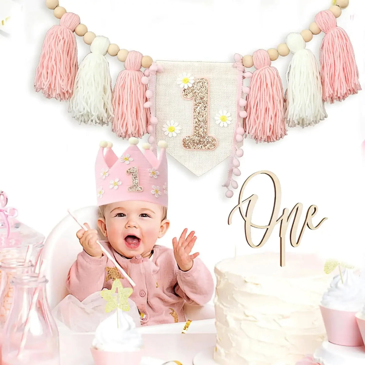 décorations anniversaire 1er anniversaire fille couronne guirlande rose fleurs numéro pompons chambre enfant