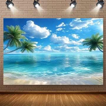 toile d'art impressionniste paysage marin palmiers bleu vert blanc nuages clips
