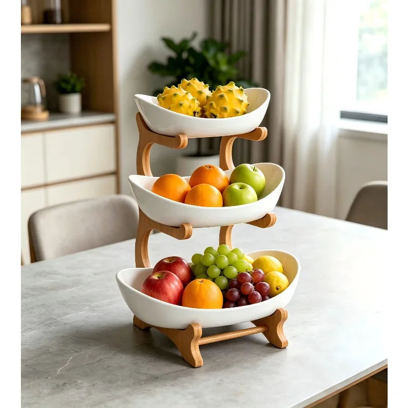 support fruits moderne bois blanc bambou compartimenté rose clair vert clips métalliques fruits variés