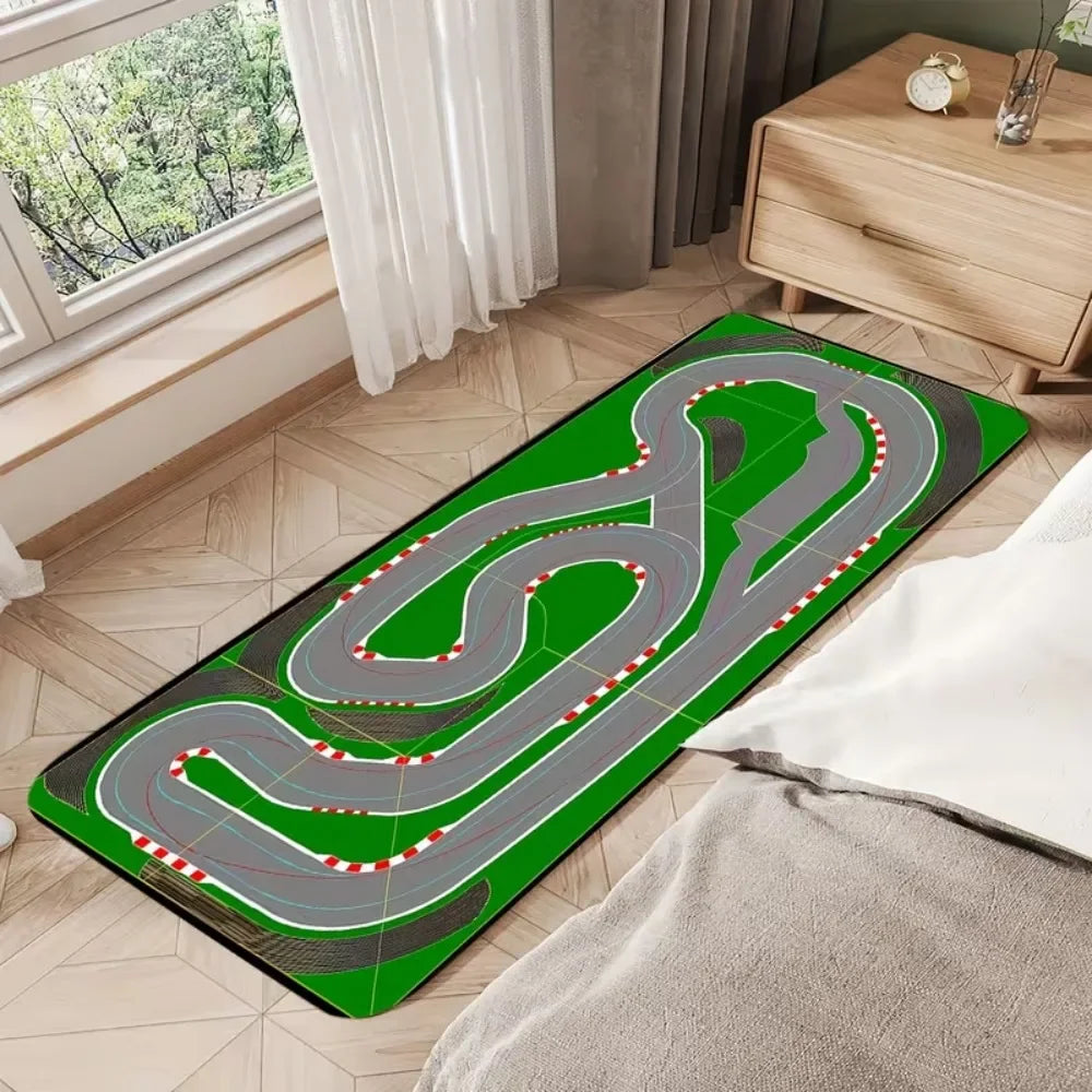tapis sol vert gris moderne route course bordures rouges blanches salon chambre