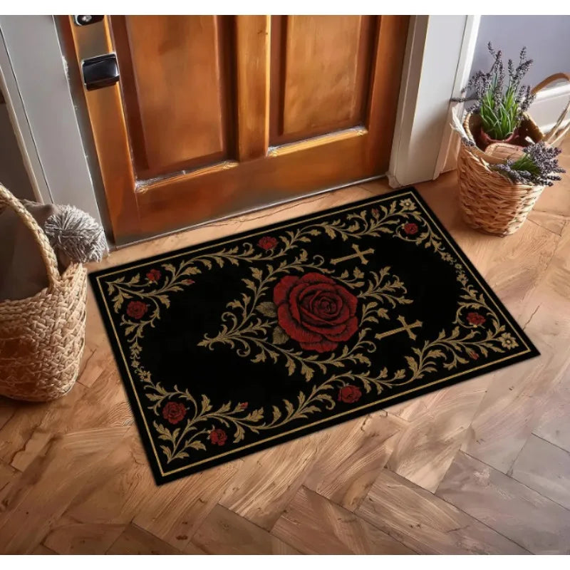 tapis baroque rose rouge fleurs feuilles croix noir salon decoration maison hotelextérieur salle bain