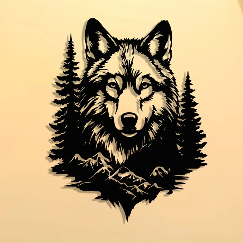 décoration murale autocollant noir blanc loup forêt graphique moderne salon chambre