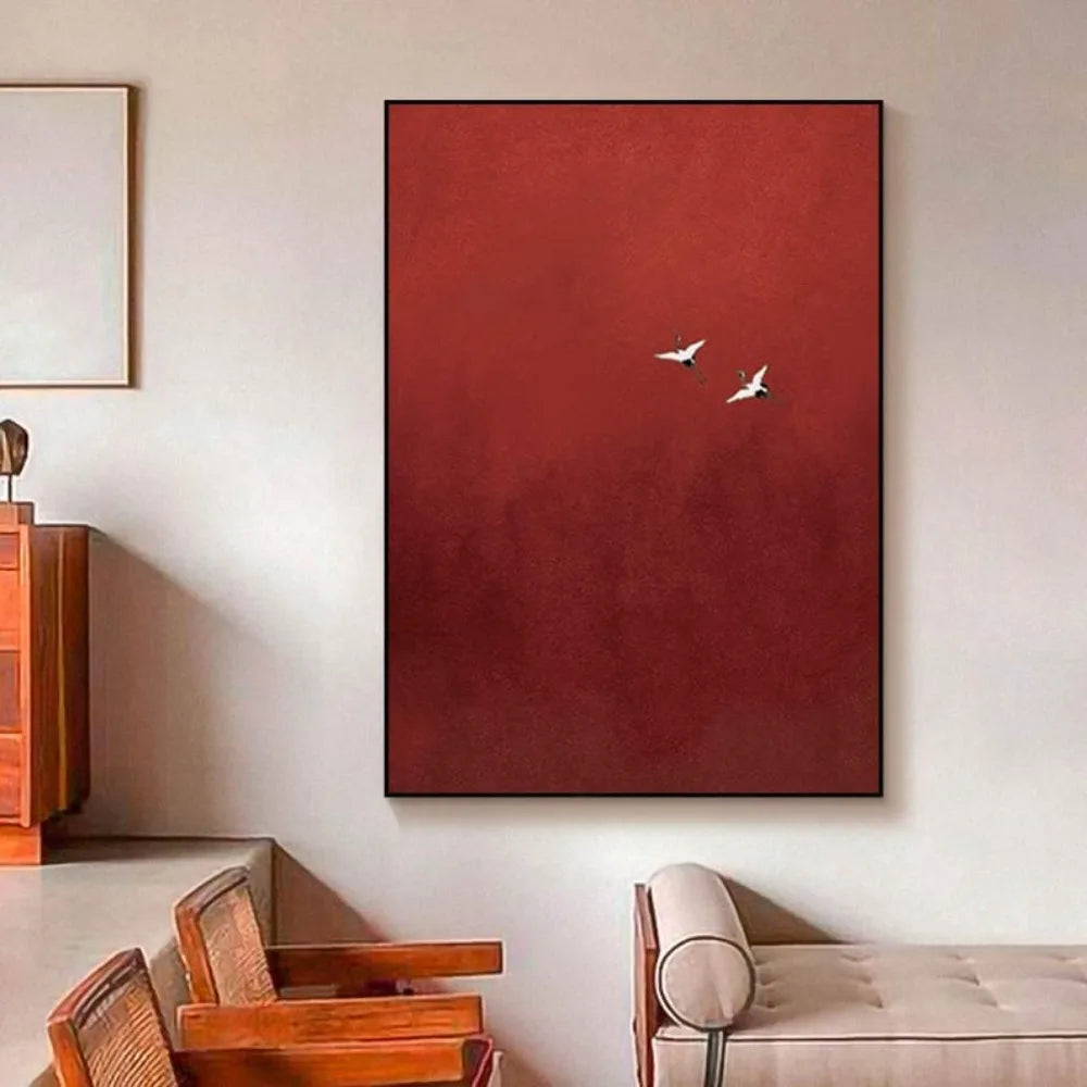 tableau decoratif toile rouge fond blanc oiseaux vol texturé abstrait minimaliste sans cadre various