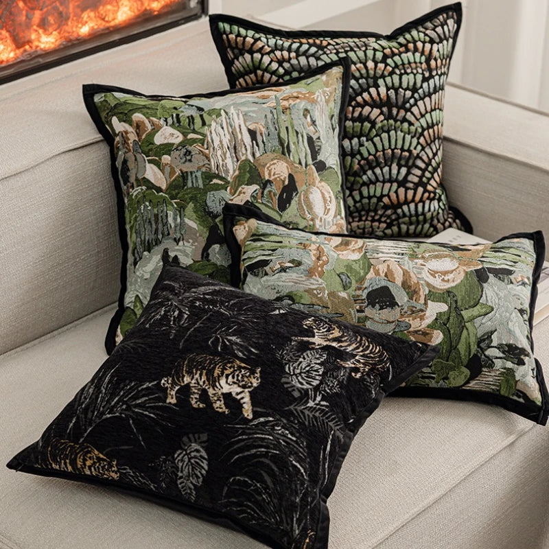 housse coussin jacquard motif forêt tropicale noir vert beige blanc décor maison voiture 45x45cm