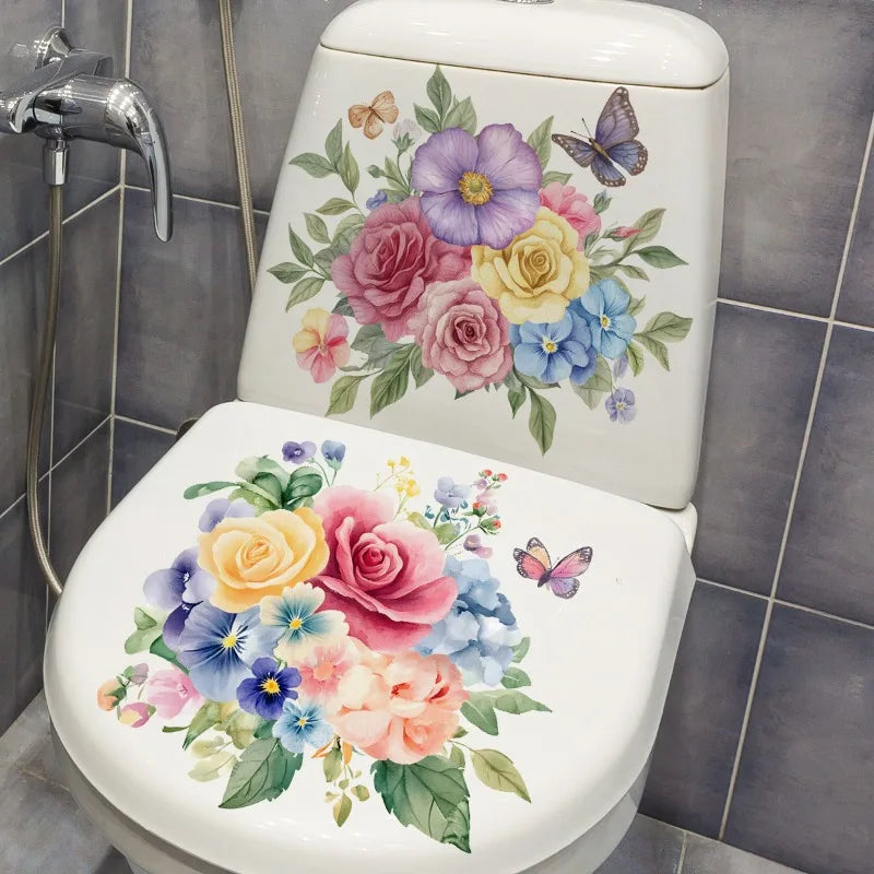 autocollants muraux fleurs colorées bouquet papillons salle bain blanc 30x30cm 2pièces adhésifs