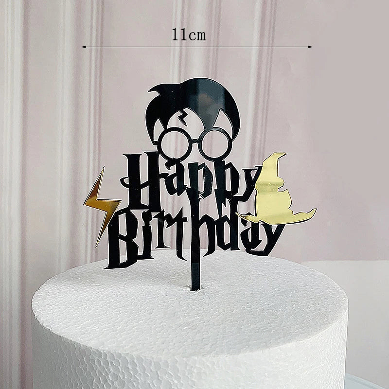 décoration gâteau anniversaire harry potter étoiles chapeau lunettes balai noir