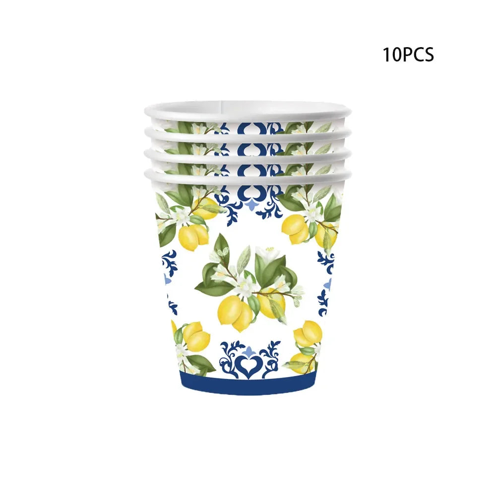 assiettes papier citron motif floral serviettes nappe bleu blanc anniversaire mariage décoration événement festif
