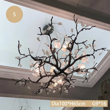suspension luminaire branches cuivre fleurs artificielles moderne noir blanc salon salle manger intérieur