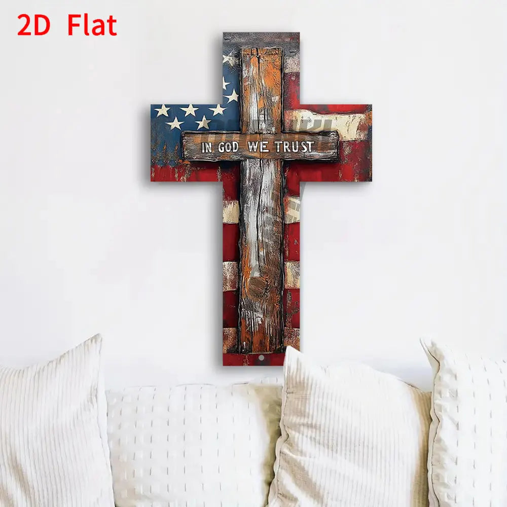 croix murale vintage drapeau américain rouge blanc bleu nous croyons dieu opacité rustique