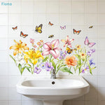 stickers muraux fleuris multicolores adhésifs art floral papillons lilas roses jaunes salon chambre deco