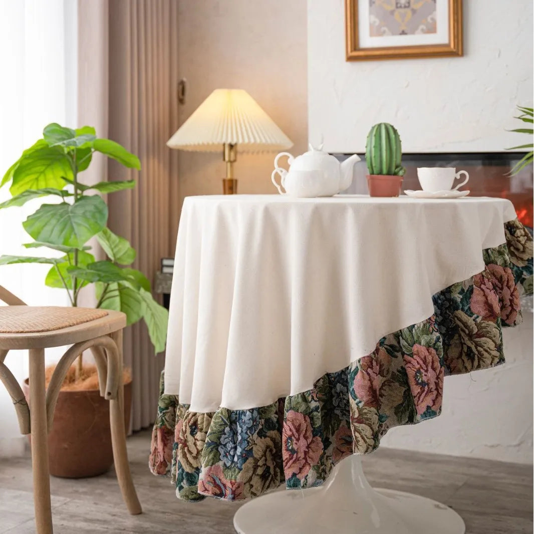 nappe table ronde jacquard floral couleurs vives blanc bleu rose vintage romantique polyester coton