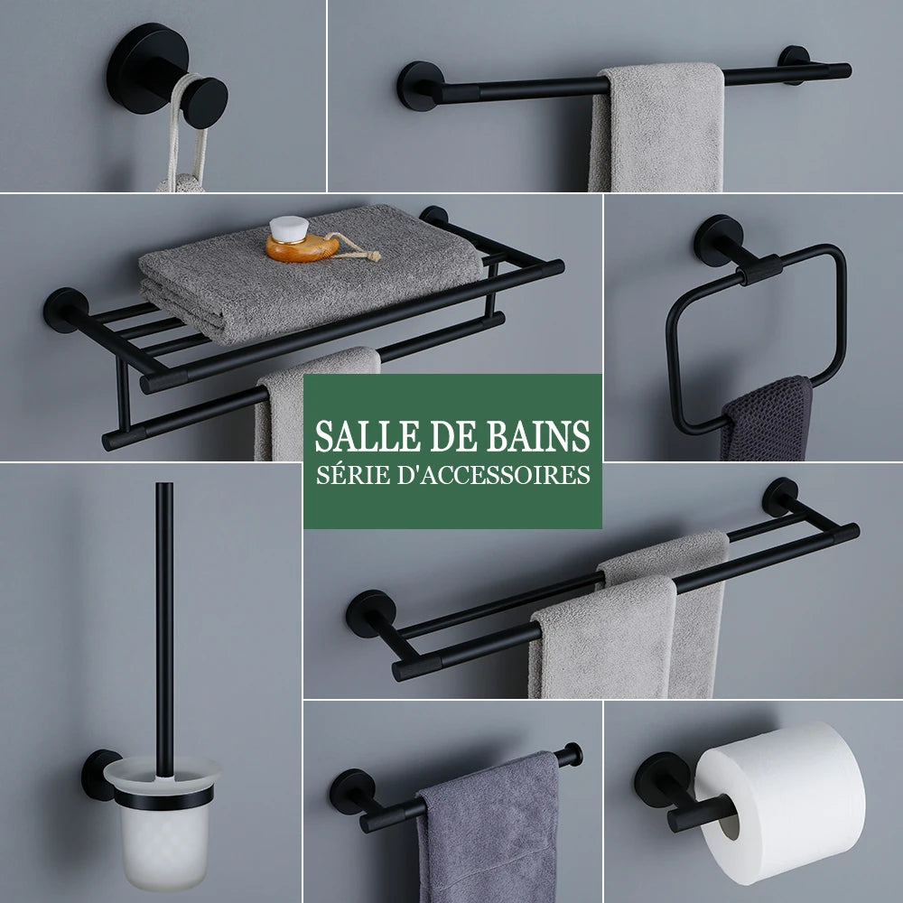 accessoires salle bains noir porte serviettes brosse wc papier toiletté moleté moderne minimaliste fixation