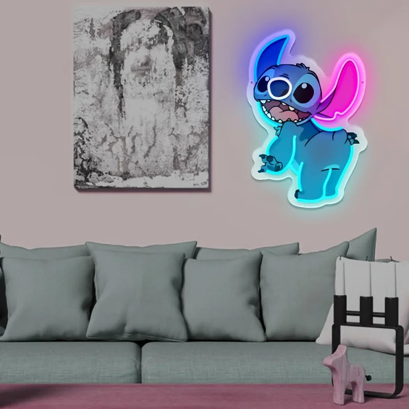 néon lumineux stitch disney bleu rose moderne cartoon chambre enfant décoration murale