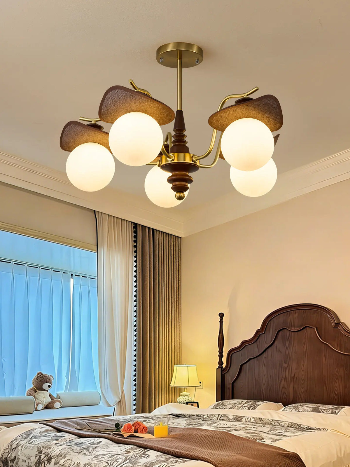lampe suspendue or classique bois foncé tête translucide led salon chambre