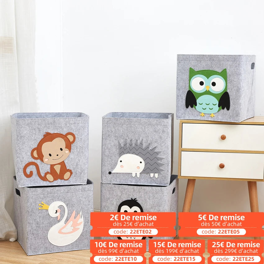 boîtes rangement enfant animaux imprimés moderne pliables poignées gris clair capacité importante respectueux environnement