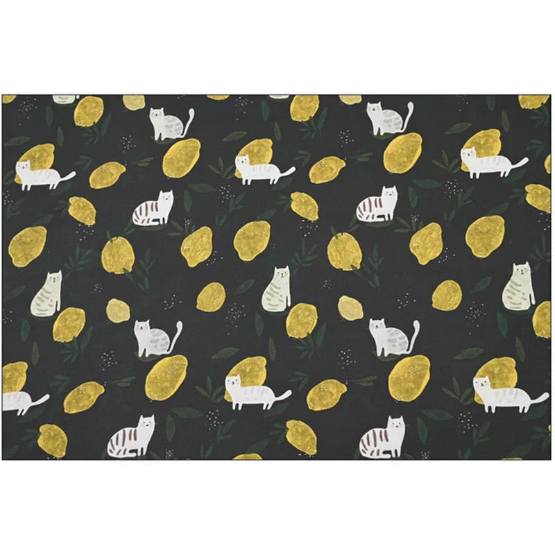 tissu coton imprimé citrons feuilles chats illustration simple vert olive marron blanc beige clair