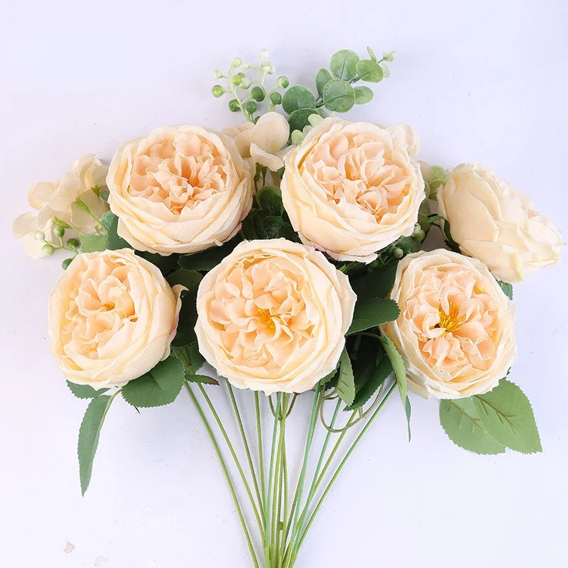 bouquet fleurs artificielles roses naturelles décoration mariage anniversaire intérieur 50cm 13 têtes soie
