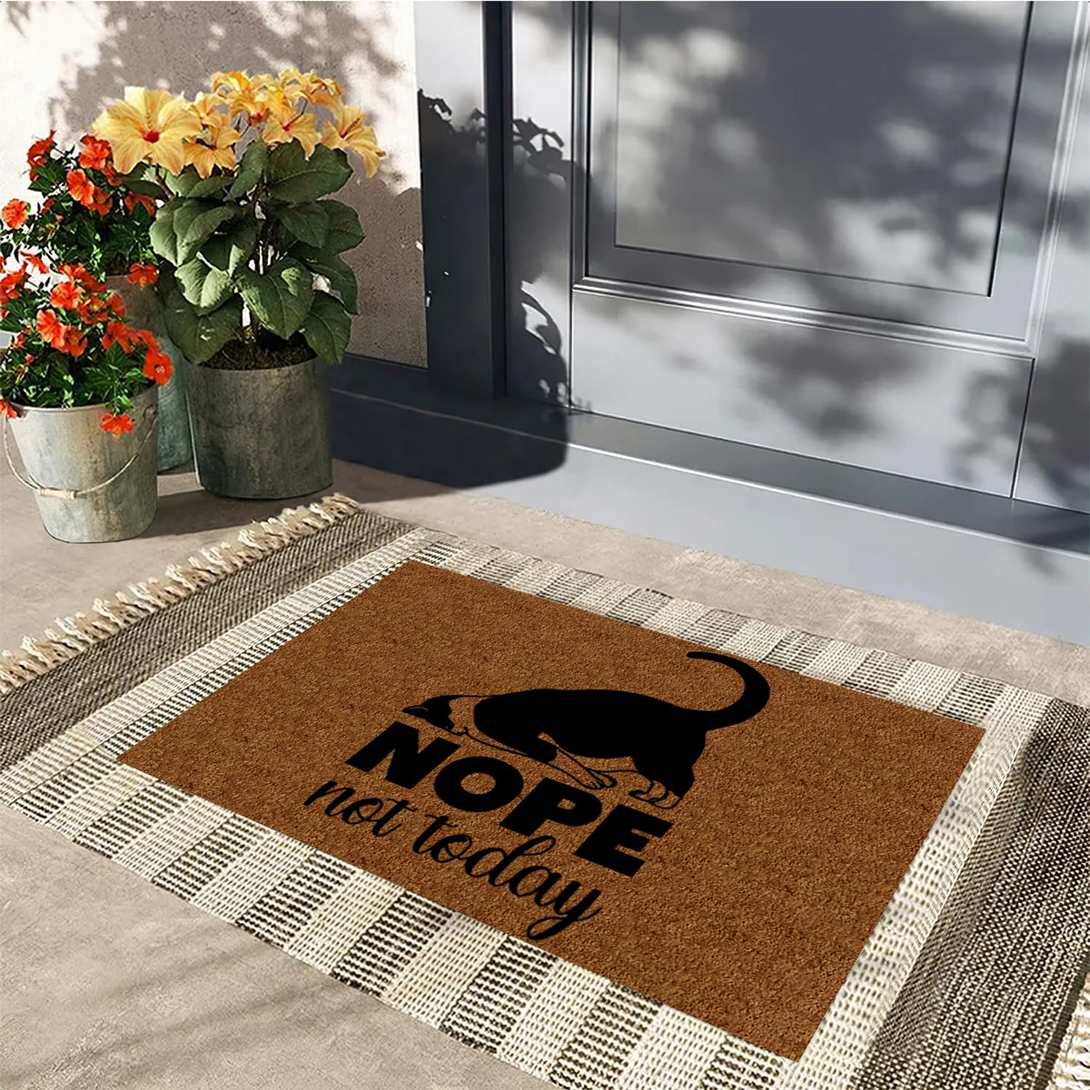 tapis d'entrée imperméable anti bactéries antidérapant chat noir motif moderne marron clair tapis sol