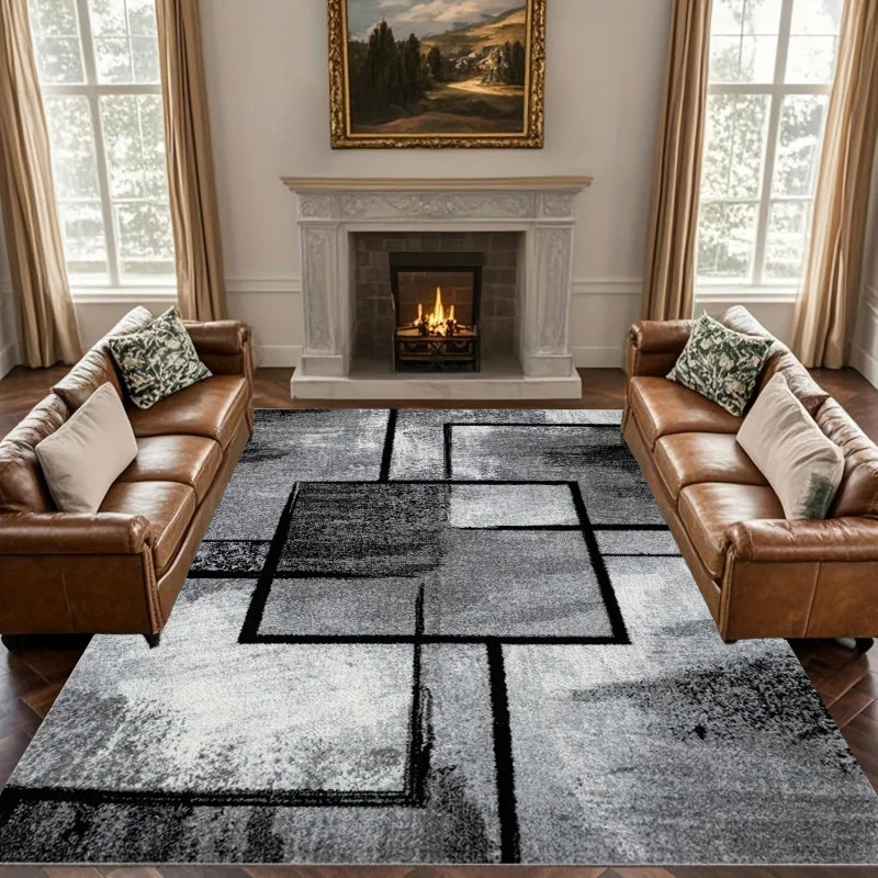 tapis géométrique moderne gris noir blanc résistant saleté facile entretenir salon chambre decoration extérieur