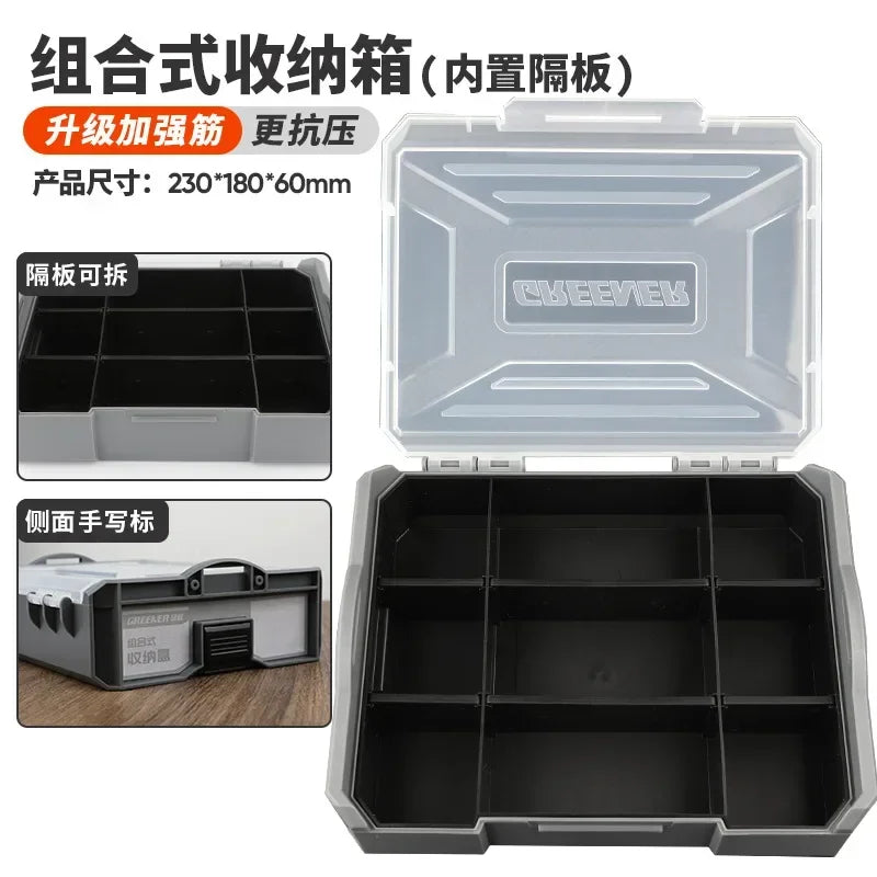 boîtes rangement outils plastique réutilisables gris transparent compartiments modernes poignées