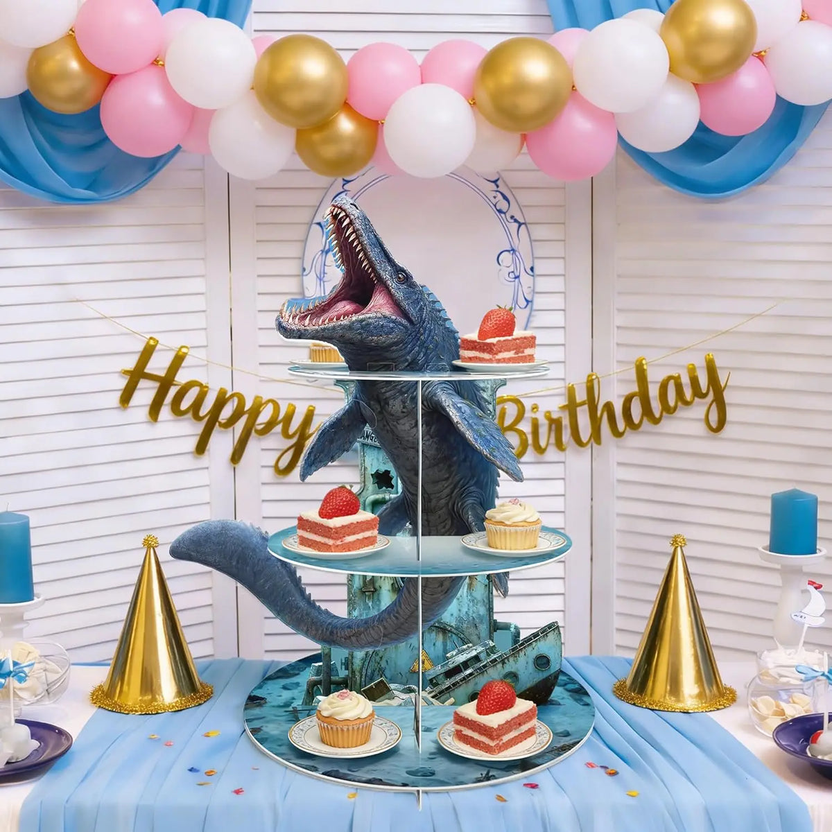 présentoir cupcakes forme mosasaurus sous marin décoration anniversaire dinosaure jurassic park festif transparent carton