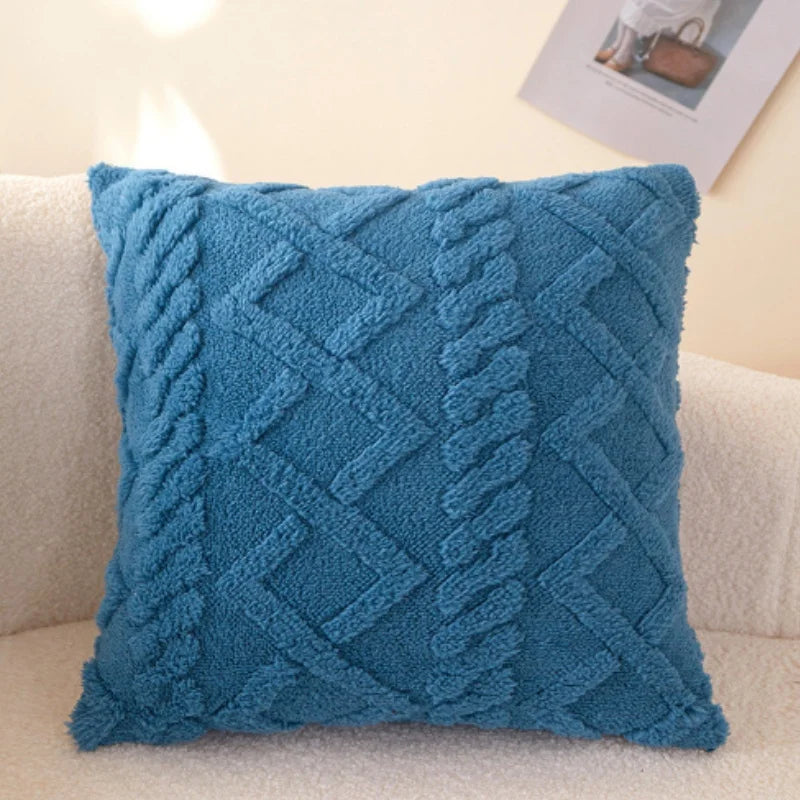 taies oreiller peluche jacquard géométrique couleurs rose beige bleu moderne salon chambre lit