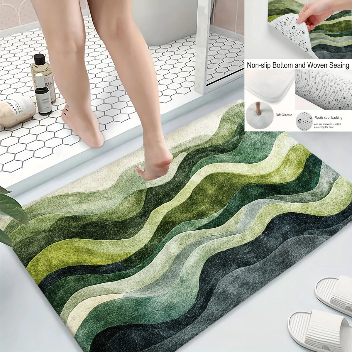 tapis moderne rayures ondulées vert gris imperméable antidérapant bain entrée cuisine exercice oriental 40x60cm