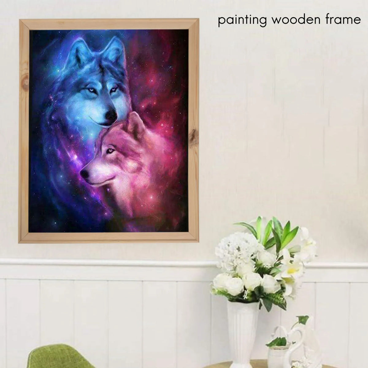 cadre photo bois clair tableau chats paysage lunaire wolv couleur vive bleu rouge chambre