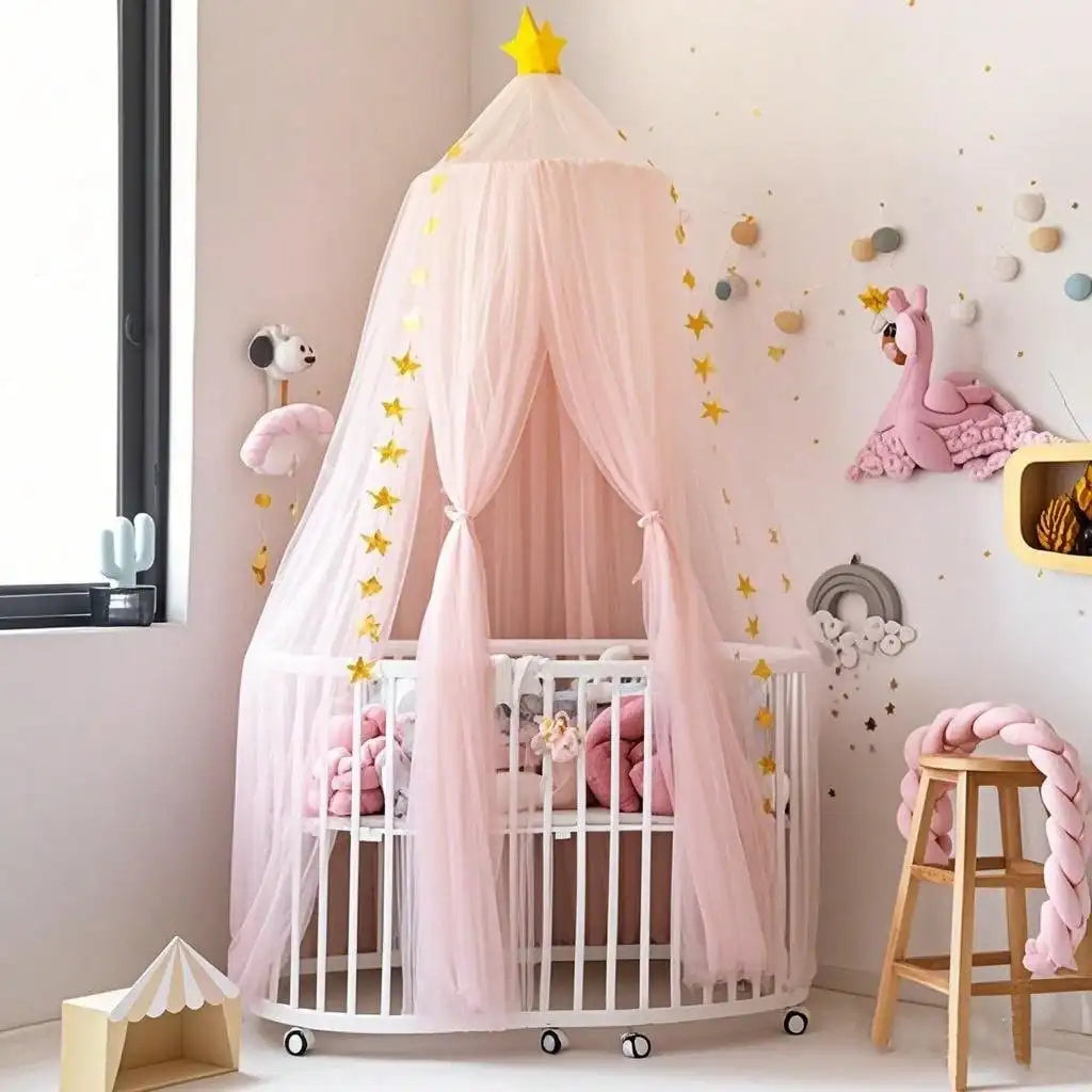 rideau lit bébé étoiles dorées rose blanc moderne translucide chambre enfants