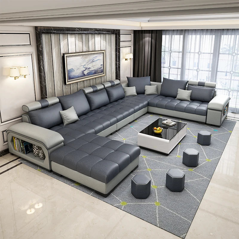 canapé d'angle forme cuir véritable coussins abstraits moderne salon gris noir beige