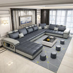canapé d'angle forme cuir véritable coussins abstraits moderne salon gris noir beige