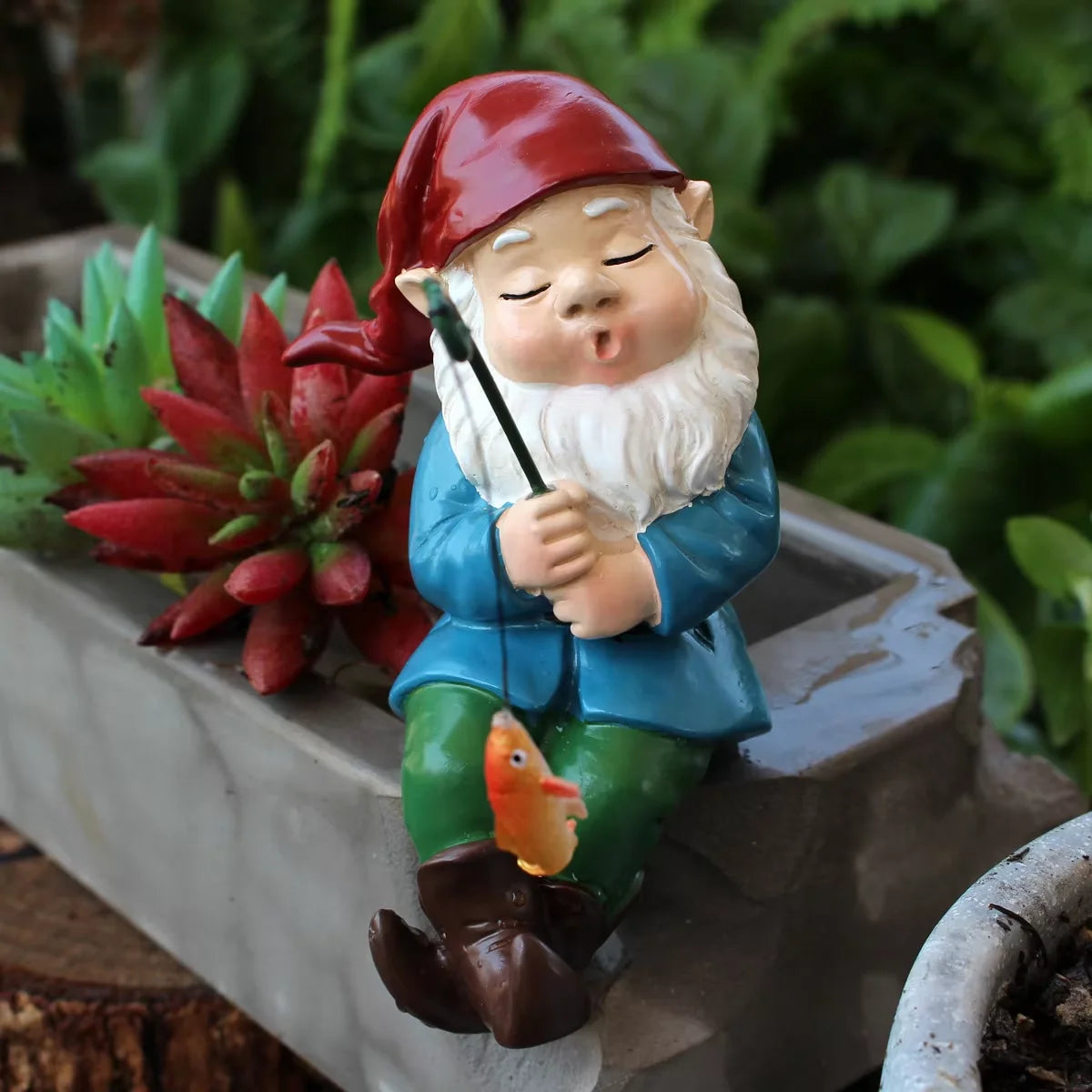 statuette lutin pêcheur résine verte bleu blanc rouge poisson canne pêche décoration jardin