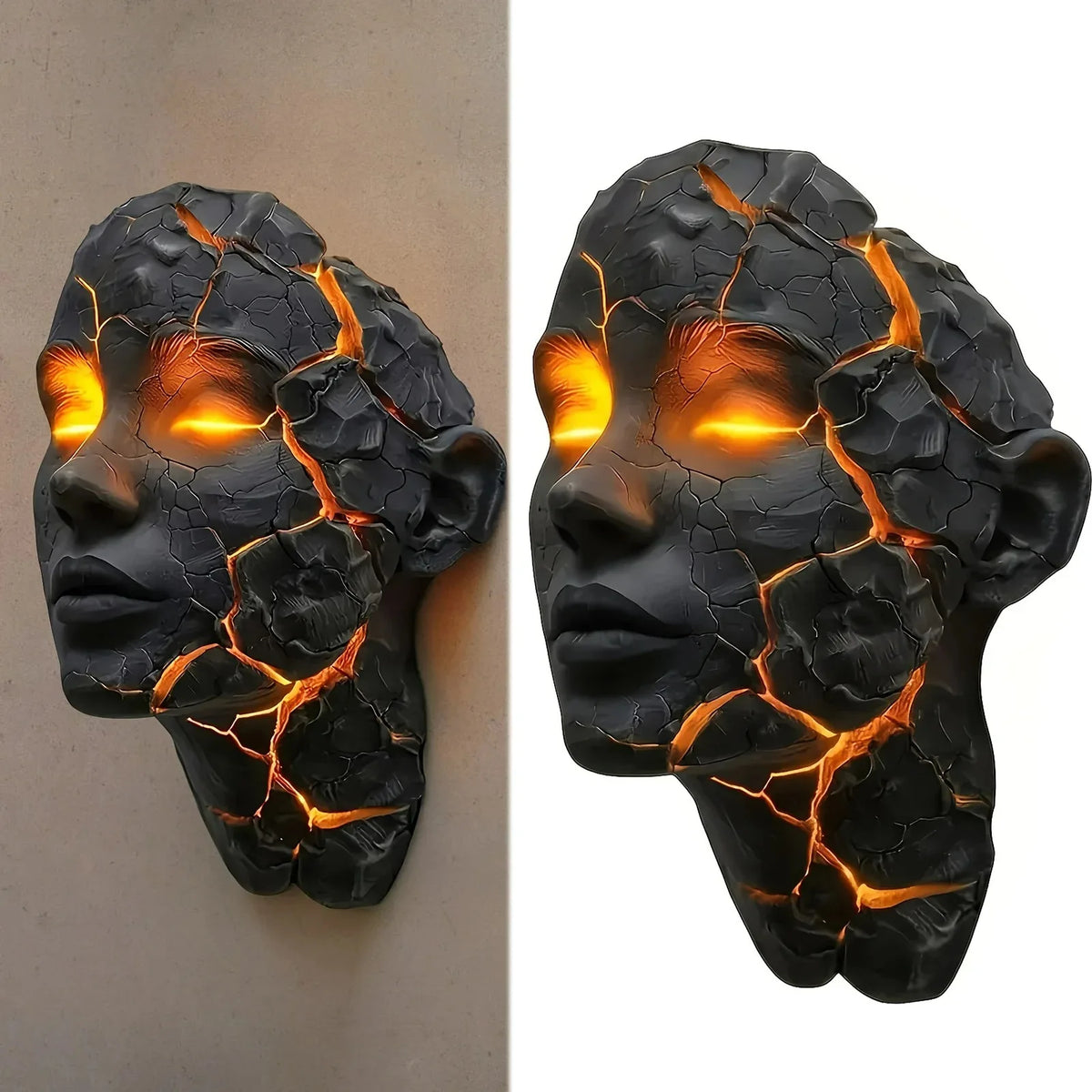 masque sculptural noir orange texture craquelée effet lave art contemporain sans fixation visible