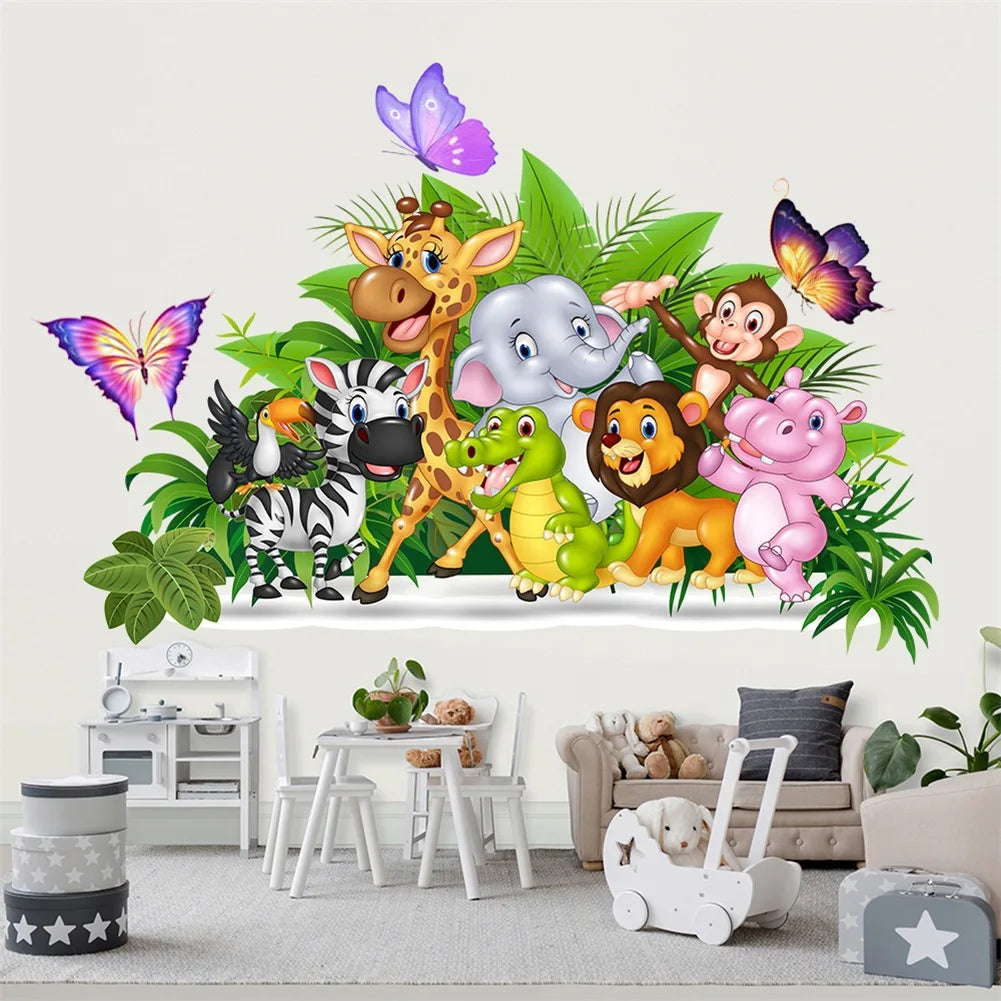 autocollant mural animaux forêt dessin animé décoration chambre bébé fille garçon sticker murale pvc