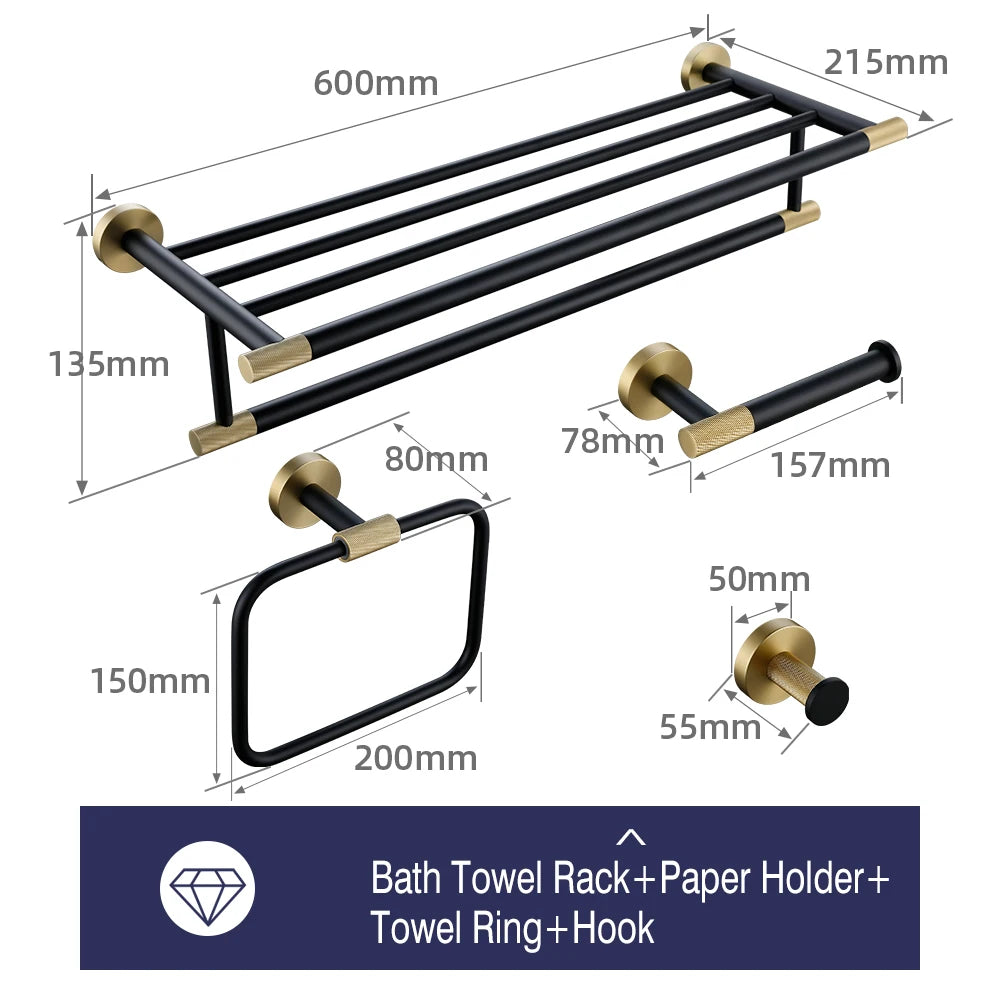 accessoires salle bains porte serviettes moderne porte savon noir doré texture moletée fixations élégants