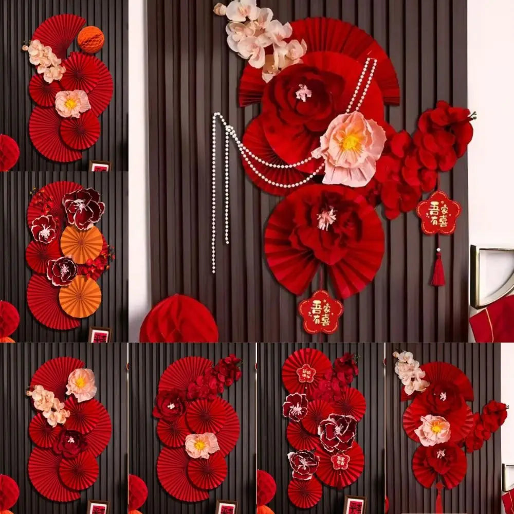 décoration murale papier artisanal fleurs rouges mariage traditionnelle fan dorées adhésif
