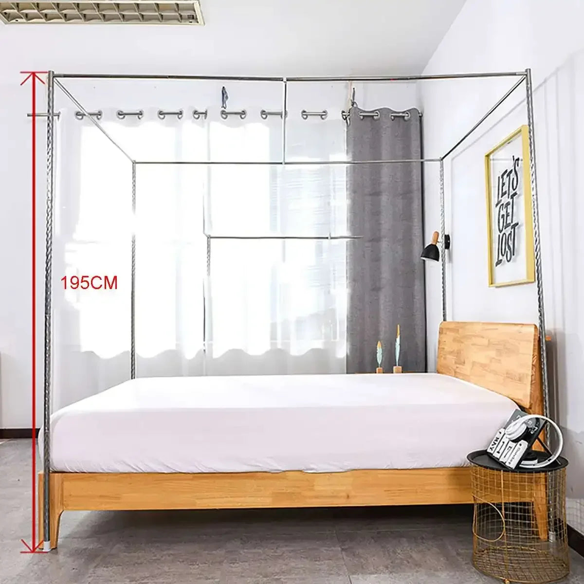 lit baldaquin acier inoxydable gris moderne structure métal lisse barre suspension clips pied pression