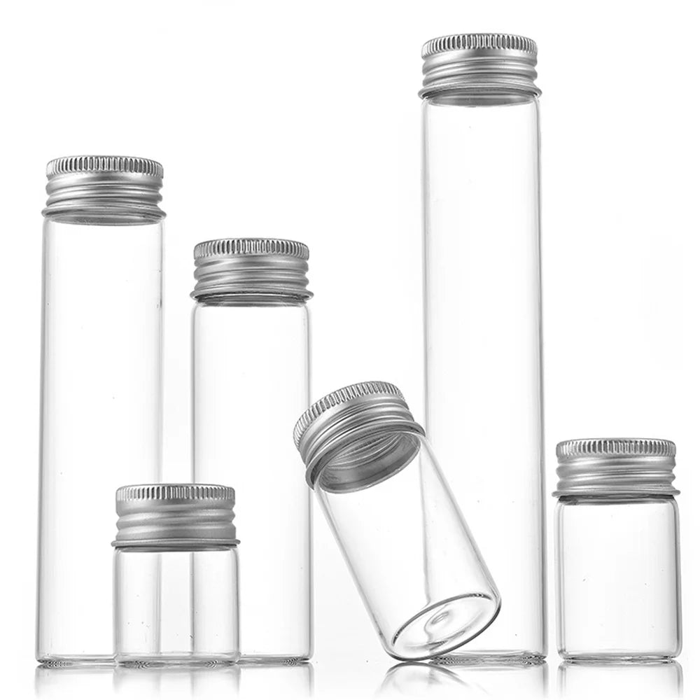 bouteilles transparentes stockage 10ml 20ml 30ml 40ml 50ml capsules métalliques respectueux environnement moderne minimaliste
