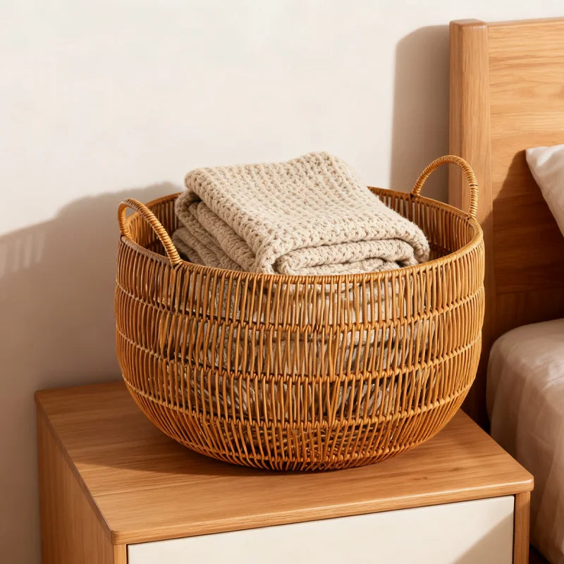 panier rond tressé marron clair bohème rangement chambre salon articles divers respectueux environnement