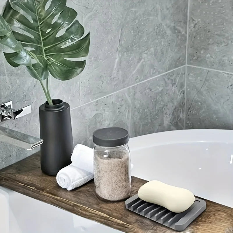 support savon gris blanc moderne rayures horizontales auto drainant silicone salle bain cuisine