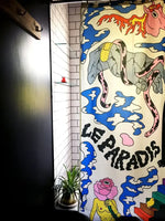 rideau douche graphique surréaliste métalliques personnages animaux fantastiques moderne blanc cassé