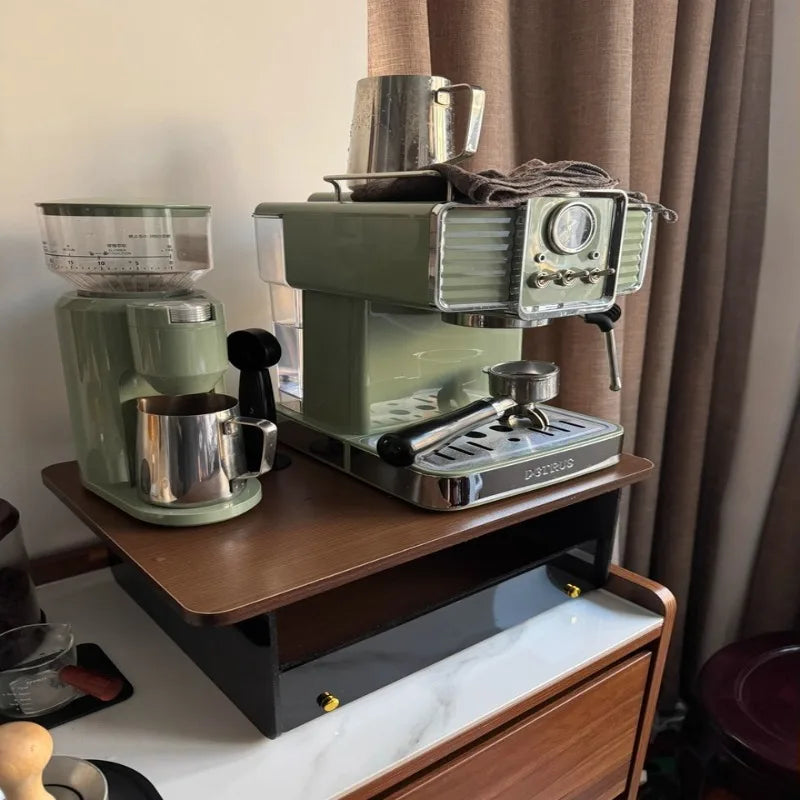 présentoir vintage machine tasses capsules cuillère tiroirs rangement bois métal poli