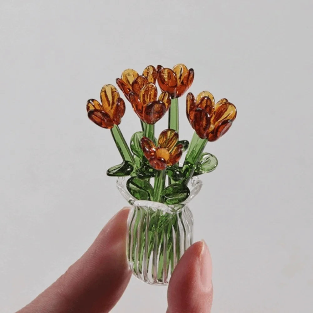 bouquet artificiel violet jaune vert blanc bleu orange feuilles vertes miniature vase transparent six