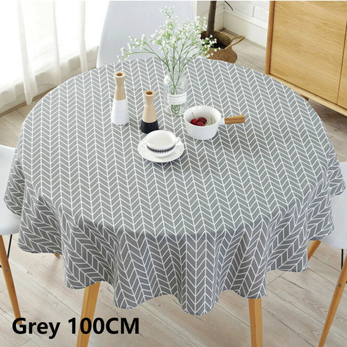 nappe table ronde moderne gris bleu jaune triangles géométriques imperméable noël extérieur 120cm 150cm