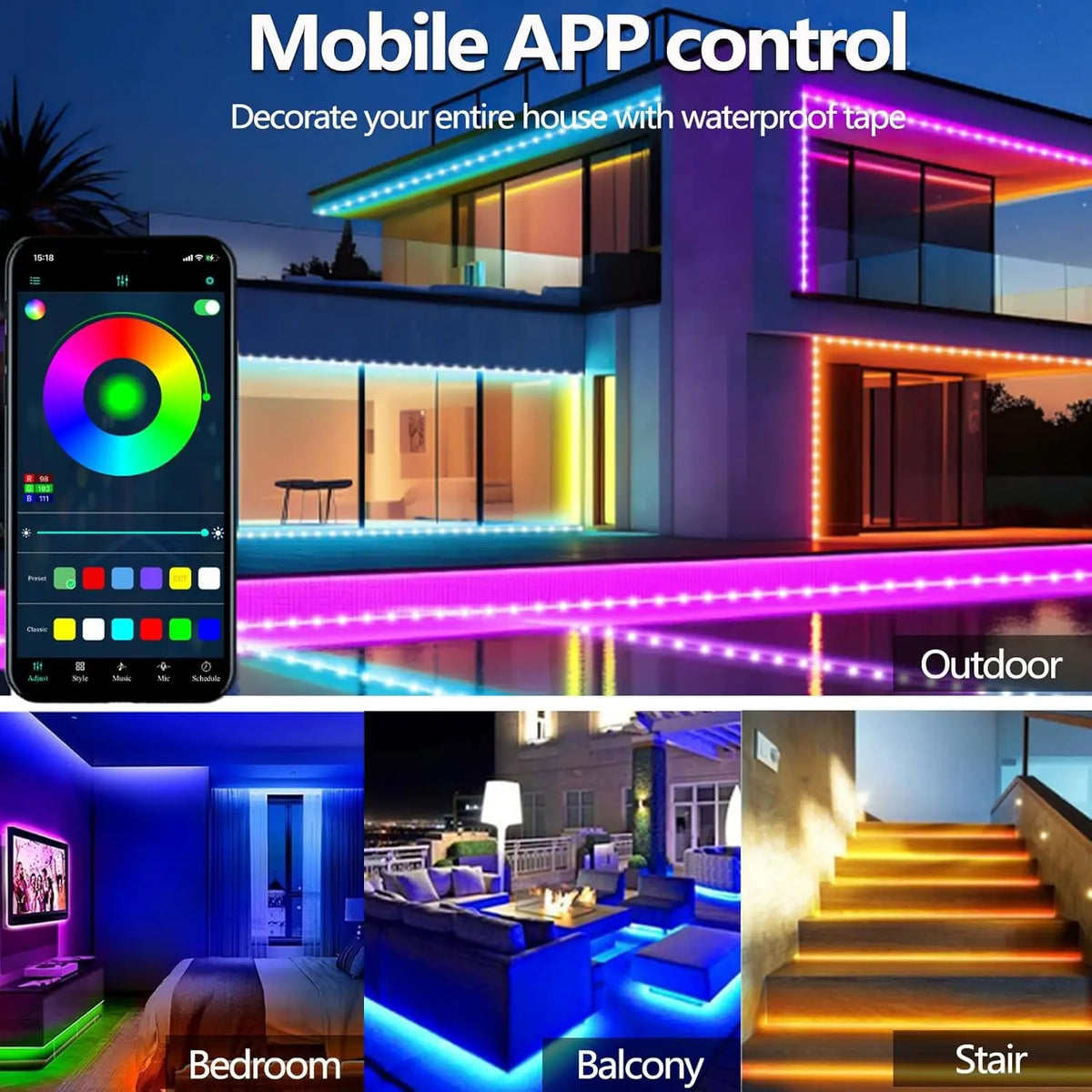 ruban led multicolore moderne synchronisation musique application bluetooth contrôleur usb télécommande rf