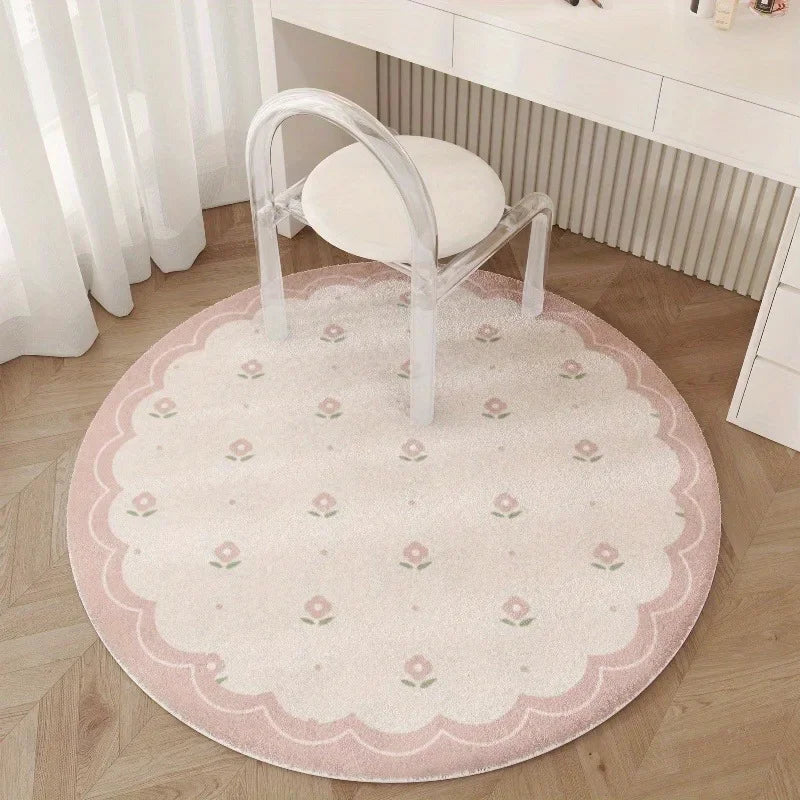 tapis rond fleurs roses moderne doux salon chambre sol intérieur polyester bordure dentelée joyeux