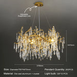 lampe suspendue or cristal moderne branches dorées pendeloques transparentes chambre salon