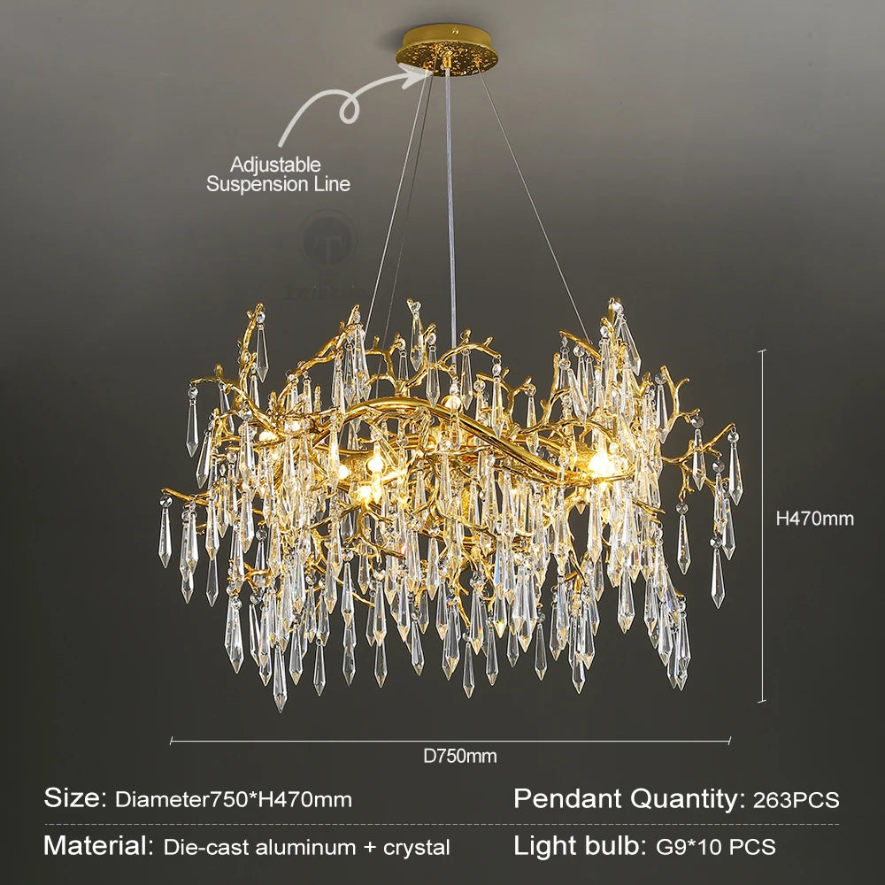 lampe suspendue or cristal moderne branches dorées pendeloques transparentes chambre salon